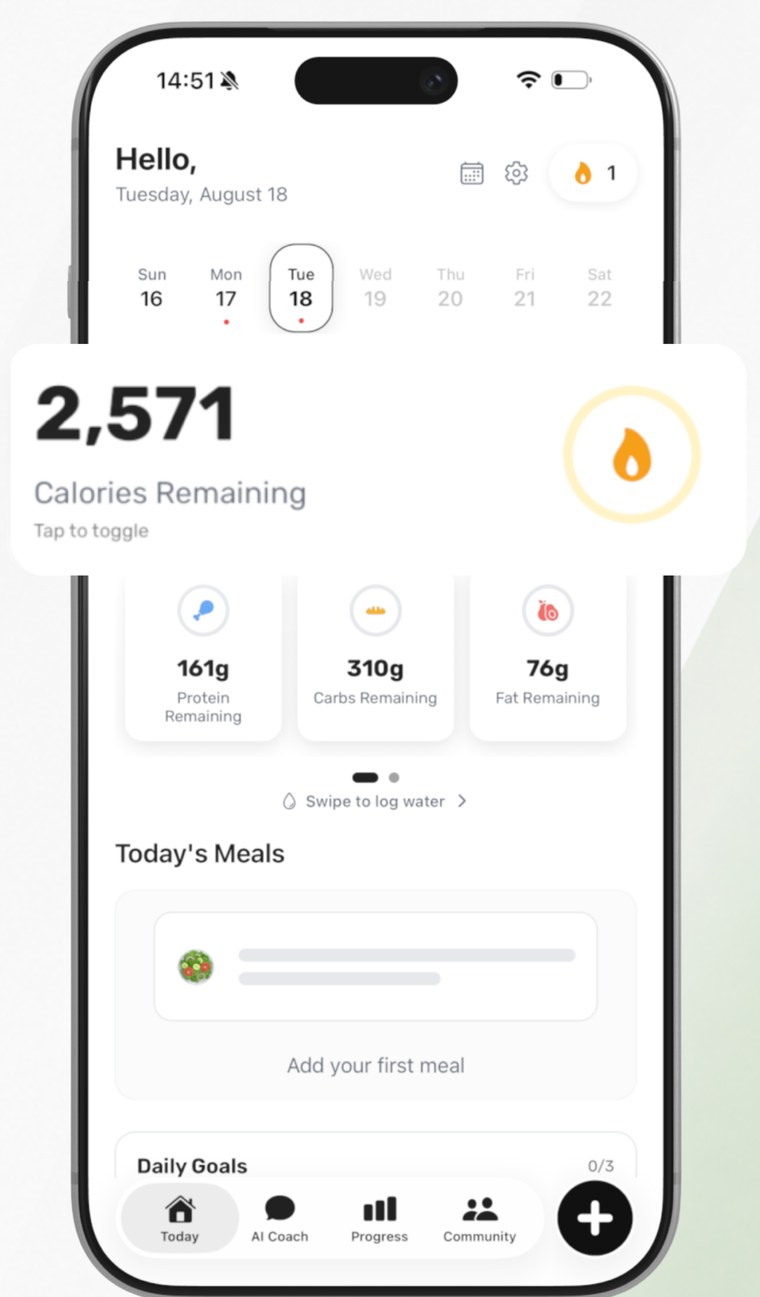 Home screen with calories remaining balance